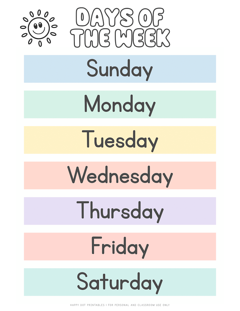 days of the week chart sunday start - Happy Dot Printables