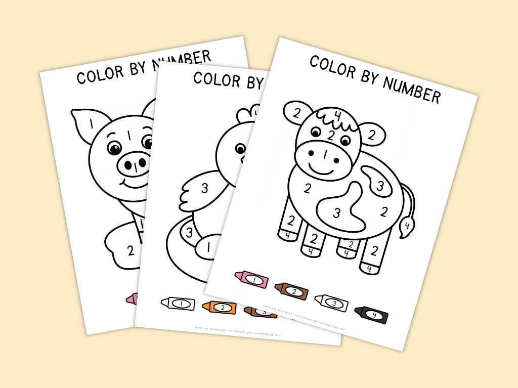 Free Farm Animal Color by Number Worksheets for Preschoolers